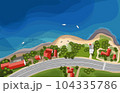 Coastline with road and houses on a summer day from top. Vector illustration 104335786