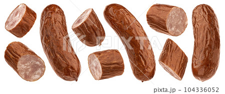 Smoked bratwurst sausage isolated on white background Smoked bratwurst sausage isolated on white background 104336052