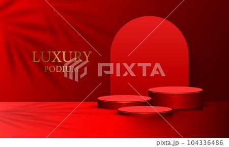 Realistic red cylinder 3D room pedestal podium set palm leaf shadow overlay minimal scene product display presentation stage for showcase vector Realistic red cylinder 3D room pedestal podium set palm leaf shadow overlay minimal scene product display presentation stage for showcase vector 104336486