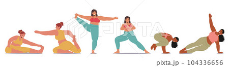 Plus Size Women Characters Gracefully Practicing Yoga, Chubby Girls Breaking Stereotypes, And Promoting Body Positivity 104336656