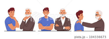 Intergenerational Unity Portrayed As A Young And Old Man Characters Standing Together, Symbolizing Wisdom, Experience 104336673