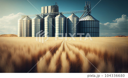 Silos in a barley field. Storage of agricultural production. Silos in a barley field. Storage of agricultural production. 104336680
