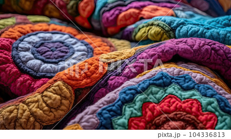 homemade Afghan patterned quilt. background texture - full frame close up of colorful crocheted traditional blanket 104336813