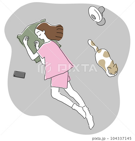 眠る部屋着の女性と猫 眠る部屋着の女性と猫 104337145