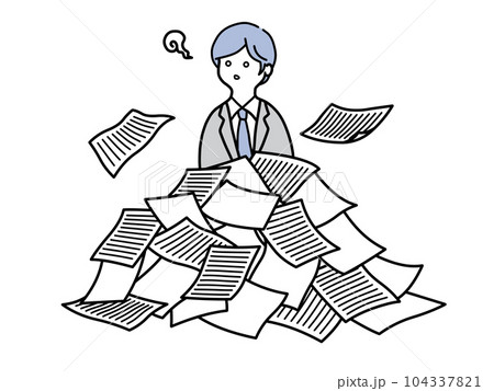 仕事量と書類の多さに呆然とする若い男性社員のカラーイラスト 仕事量と書類の多さに呆然とする若い男性社員のカラーイラスト 104337821