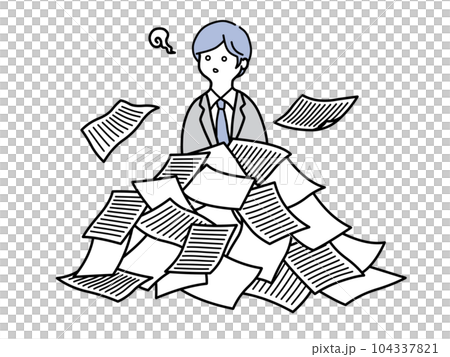 仕事量と書類の多さに呆然とする若い男性社員のカラーイラスト 仕事量と書類の多さに呆然とする若い男性社員のカラーイラスト 104337821
