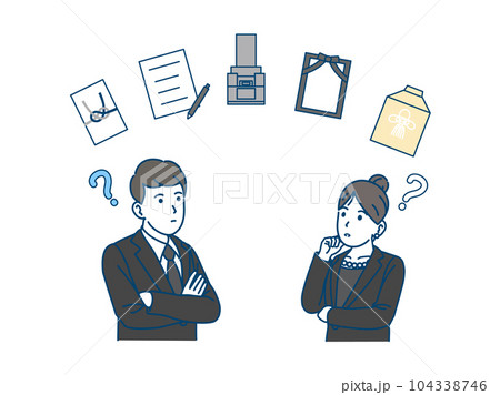 葬儀関係について考える夫婦のイラスト 葬儀関係について考える夫婦のイラスト 104338746