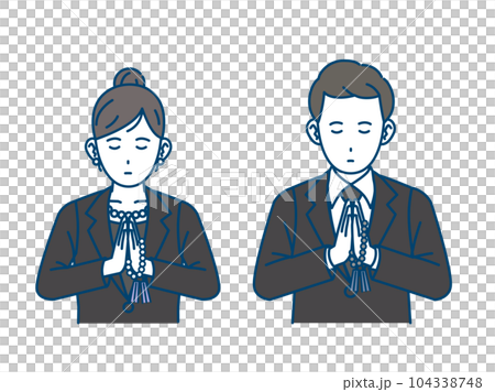 葬儀で合掌、黙祷する男女のイラスト 104338748