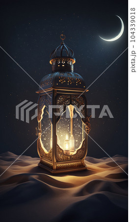 Realistics lantern Eid Greetings, Crescent Moon and Illuminated Lanterns on a Serene Background. 104339018