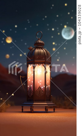 Realistics lantern Eid Greetings, Crescent Moon and Illuminated Lanterns on a Serene Background. 104339028