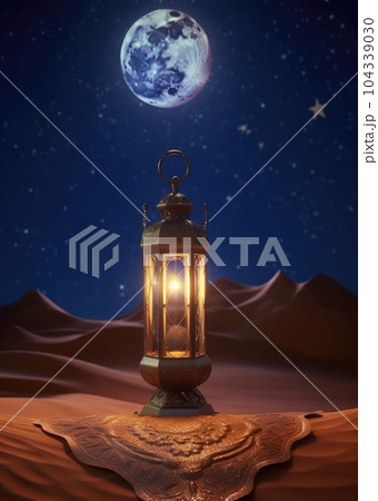 Realistics lantern Eid Greetings, Crescent Moon and Illuminated Lanterns on a Serene Background. 104339030