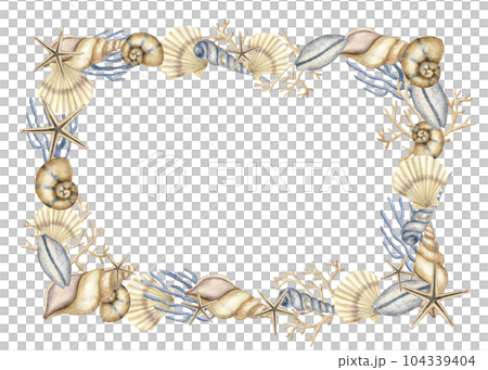 Seashell Rectangular Frame. Hand drawn watercolor illustration of border with sea shells and starfishes on white isolated background for greeting cards or invitations. Background with cockleshells. 104339404