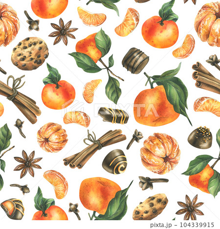 Orange whole and peeled tangerines with spice leaves, cookies and chocolates. Watercolor illustration, hand drawn. Seamless pattern on a white background. Orange whole and peeled tangerines with spice leaves, cookies and chocolates. Watercolor illustration, hand drawn. Seamless pattern on a white background. 104339915
