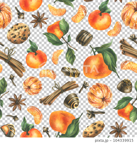 Orange whole and peeled tangerines with spice leaves, cookies and chocolates. Watercolor illustration, hand drawn. Seamless pattern on a white background. Orange whole and peeled tangerines with spice leaves, cookies and chocolates. Watercolor illustration, hand drawn. Seamless pattern on a white background. 104339915