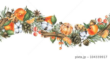 Christmas decor with tangerines, champagne, sweets and pine branches. Watercolor illustration, hand drawn. For congratulations and holiday. Horizontal seamless garland on a white background. Christmas decor with tangerines, champagne, sweets and pine branches. Watercolor illustration, hand drawn. For congratulations and holiday. Horizontal seamless garland on a white background. 104339917