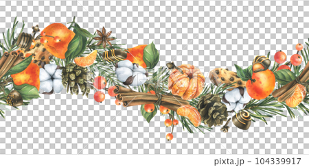 Christmas decor with tangerines, champagne, sweets and pine branches. Watercolor illustration, hand drawn. For congratulations and holiday. Horizontal seamless garland on a white background. Christmas decor with tangerines, champagne, sweets and pine branches. Watercolor illustration, hand drawn. For congratulations and holiday. Horizontal seamless garland on a white background. 104339917
