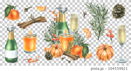 Christmas decor with tangerines, champagne. sweets and pine branches. Watercolor illustration, hand drawn. For congratulations and holiday. Isolated composition with elements on a white background. 104339921