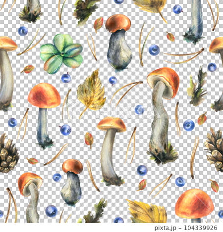 Forest edible boletus mushrooms with blueberries, cones, autumn leaves and twigs. Watercolor illustration, hand drawn. Seamless pattern on a white background. 104339926
