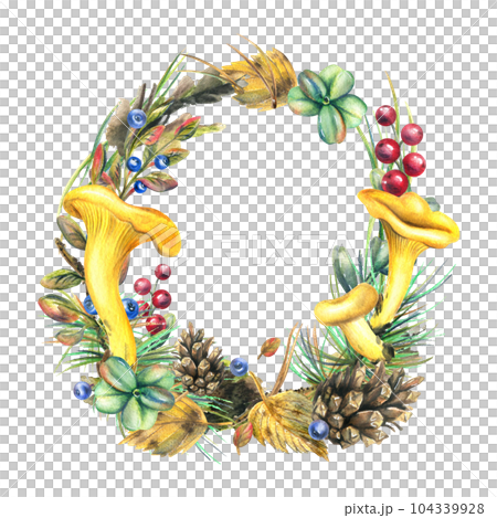 Forest edible chanterelle mushrooms with cranberries, blueberries, cones, twigs and moss. Watercolor illustration, hand drawn. Round wreath frame isolated on white background. 104339928