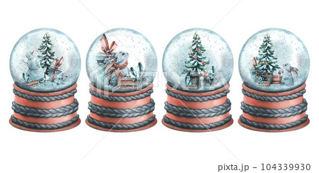 Glass snow globes with gift boxes, Christmas tree, snowman and cute bunny. Watercolor illustration, hand drawn. Set of isolated objects on a white background. 104339930