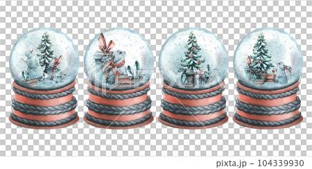 Glass snow globes with gift boxes, Christmas tree, snowman and cute bunny. Watercolor illustration, hand drawn. Set of isolated objects on a white background. 104339930