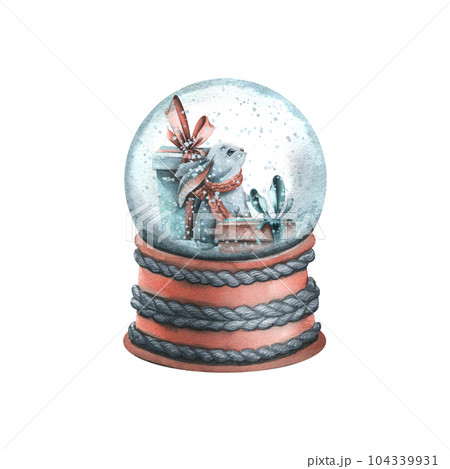 Snow globe with gift boxes and a cute bunny. Watercolor illustration, hand drawn. Isolated object on a white background. Snow globe with gift boxes and a cute bunny. Watercolor illustration, hand drawn. Isolated object on a white background. 104339931