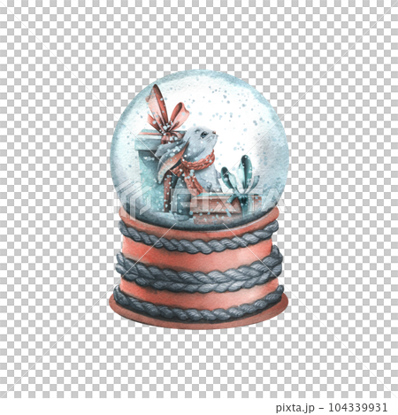 Snow globe with gift boxes and a cute bunny. Watercolor illustration, hand drawn. Isolated object on a white background. Snow globe with gift boxes and a cute bunny. Watercolor illustration, hand drawn. Isolated object on a white background. 104339931