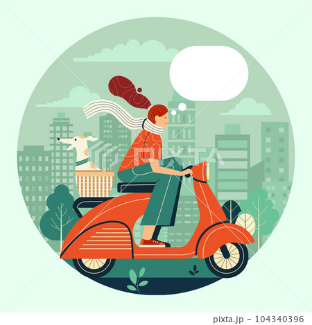 Girl Riding Retro Scooter with Dog in Basket 104340396