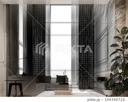 cozy  living room  interior design, 3d rendering wire frame 104340728