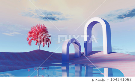3d render Surreal pastel landscape background with geometric shapes, abstract fantastic desert dune in seasoning landscape with arches, panoramic, futuristic scene with copy space, blue sky and cloudy 3d render Surreal pastel landscape background with geometric shapes, abstract fantastic desert dune in seasoning landscape with arches, panoramic, futuristic scene with copy space, blue sky and cloudy 104341068