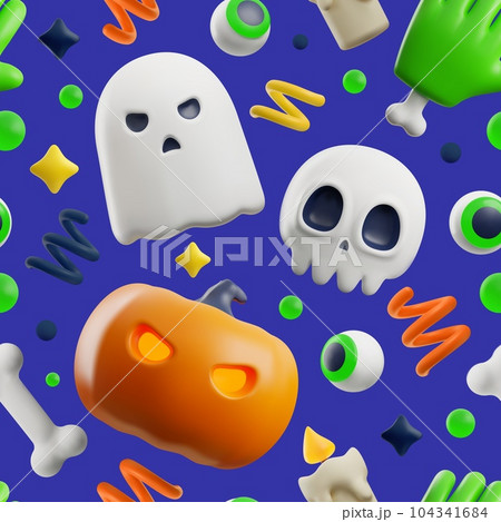 Halloween holiday seamless pattern with cartoon 3d elements, flat vector illustration on blue background. 104341684