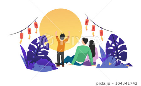 Family with child sitting on ground looking at full moon, flat vector illustration isolated on white background. 104341742