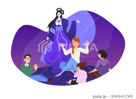 Woman telling legends about Chang goddess, flat vector illustration isolated on white background. 104341743