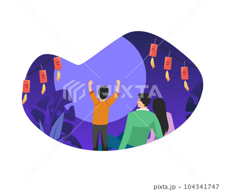 Family with child celebrate Mid-Autumn Festival under full moon, flat vector illustration isolated on white background. 104341747
