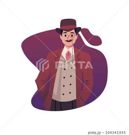 Victorian mustachioed man, aristocrat portrait of 19th century in suit with hat, glasses, vector isolated illustration Victorian mustachioed man, aristocrat portrait of 19th century in suit with hat, glasses, vector isolated illustration 104341935
