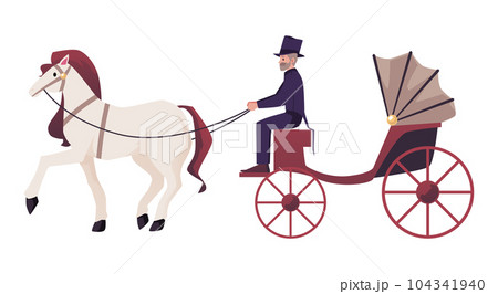 Mustachioed coachman in carriage with horse flat style 104341940