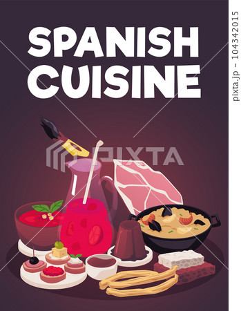 Spanish cuisine banner or menu card design with Jamon, flat vector illustration. 104342015