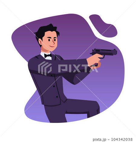 Special agent shoots back from a pistol, flat vector illustration isolated. 104342038