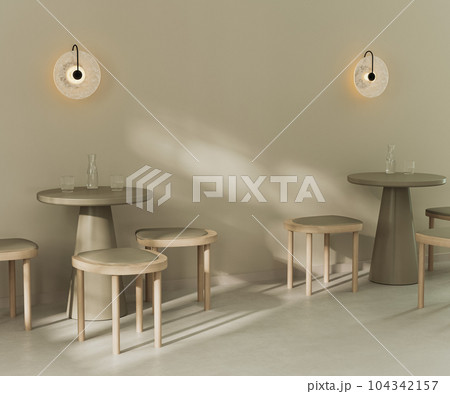 Cafe bar restaurant 3d render, empty coffee shop with tables and chairs, sunlight on wall 104342157