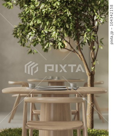 Close up of served table in modern restaurant interior, green plant on background, cafe interior concept, 3d render Close up of served table in modern restaurant interior, green plant on background, cafe interior concept, 3d render 104342158