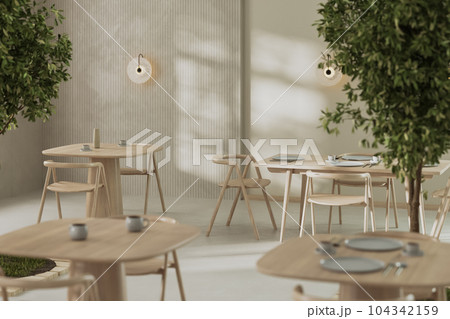 Interior of modern cafe, restaurant with wooden tables and chairs, green tree plants, sunlight on a wall, wall panel, 3d rendering 104342159