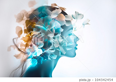 Double exposure from Delicate female profile and flowers. Natural beauty, mental health and creativity. Generative AI illustration Double exposure from Delicate female profile and flowers. Natural beauty, mental health and creativity. Generative AI illustration 104342454