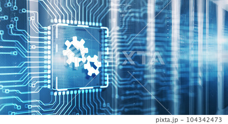 Inscription INTEGRATION on 3d Electronic Circuit Board Chip 104342473