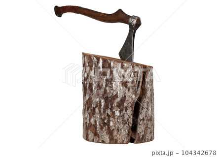 antique axe with wooden handle in wood log on white background antique axe with wooden handle in wood log on white background 104342678