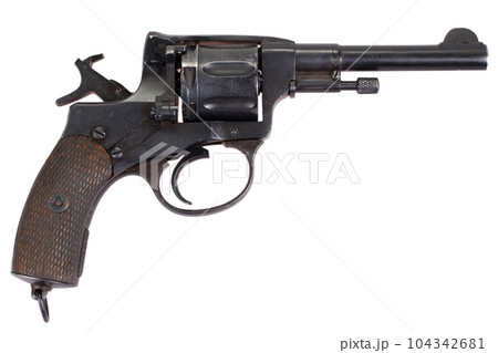 Cocked russian revolver isolated on a white Cocked russian revolver isolated on a white 104342681