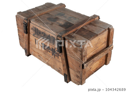 Army ammunition wooden crate. Text in russian - type of ammunition, projectile caliber, projectile type, number of pieces and weight. 104342689