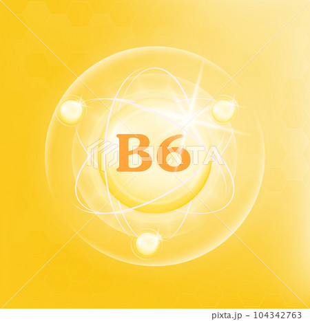 Vitamin B6 icon structure yellow substance. 3D Vector Illustration. Medicine health symbol of thiamine. Drug business concept. Vitamin complex with chemical formula. Personal care, beauty concept. 104342763