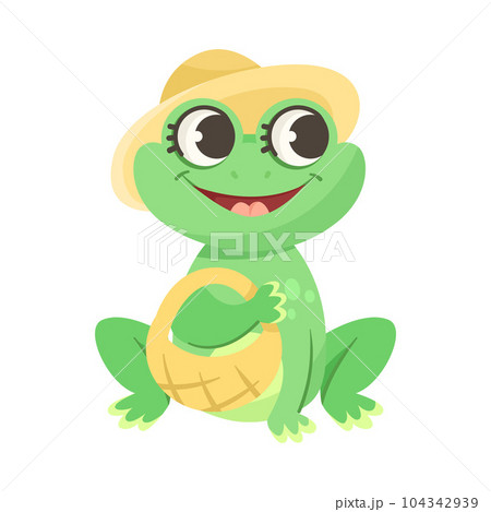 Cute Green Leaping Frog Character Sitting with Bag in Hat Vector Illustration Cute Green Leaping Frog Character Sitting with Bag in Hat Vector Illustration 104342939