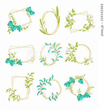 Botanical Gold Frame with Green Branches Vector Set 104342969