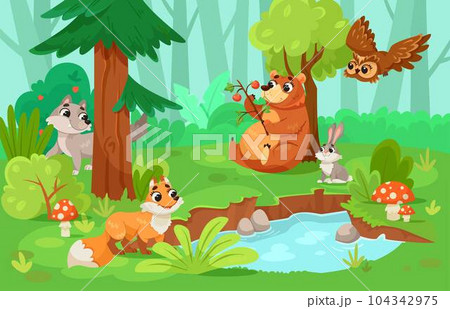 Cute Forest Animals in Wild Nature Among Green Tree and Bush Vector Illustration 104342975